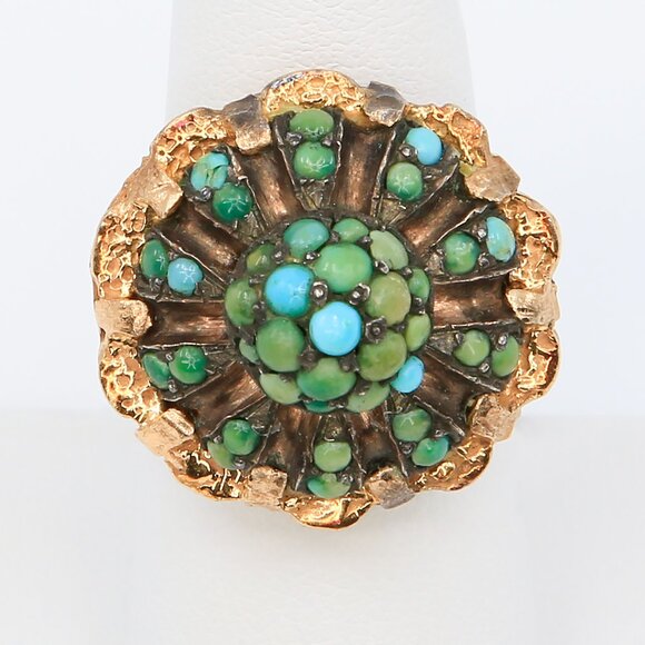 Vintage Large MCM Sculptured 10K Gold & Sterling Silver Turquoise Cabochons Ring - Picture 1 of 8